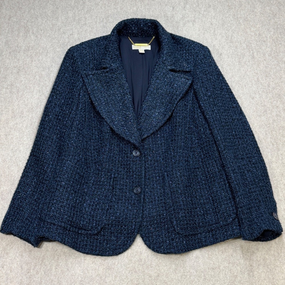 Michael Kors Tweed Blazer Women 16W Navy Blue Metallic Professional Quiet Luxury